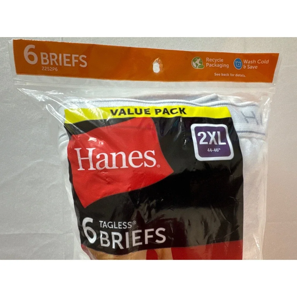 Hanes Mens Tagless Briefs 6-Pack White 2XL 44-46 Cotton Cool Comfort 2252P6